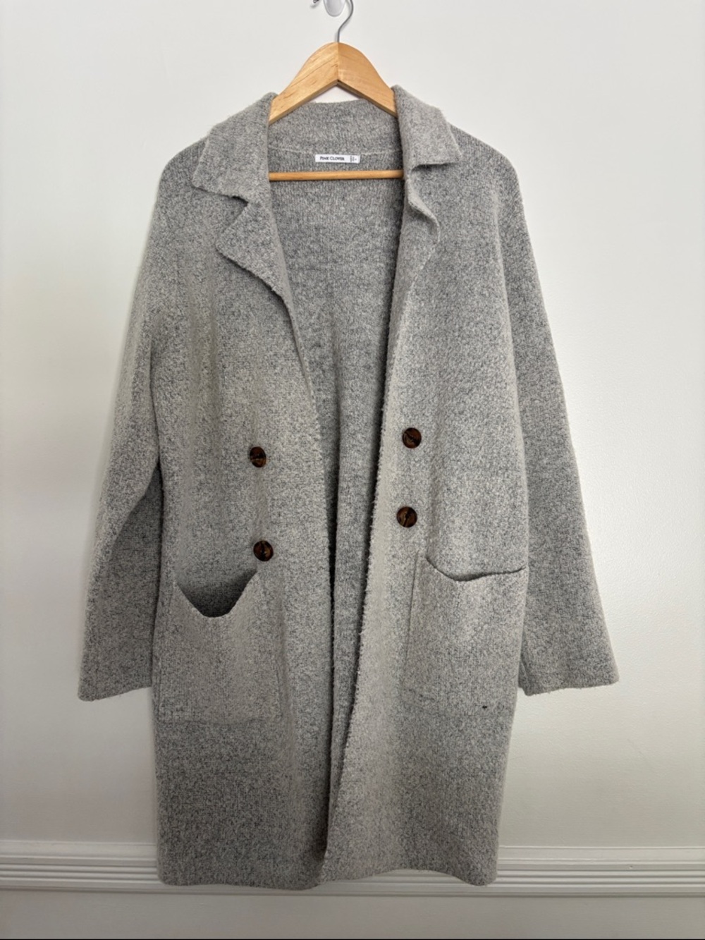 Pink Clover Light Gray Open-Front Wool Blend Long Coat